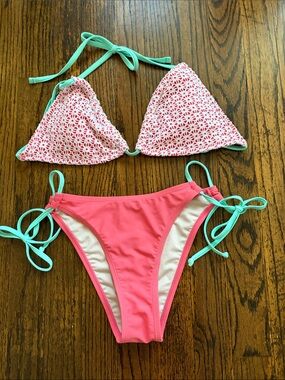 Women’s CUPSHE Pink Crochet Triangle Bikini Set with Mint Ties